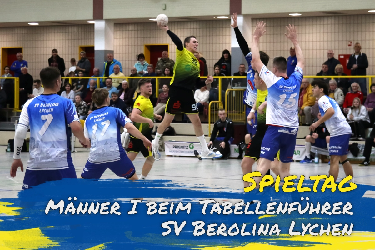 PHC Spieler steigt im zentralen Rückraum zum Wurf hoch, Lychener Spieler versuchen den WUrf zu blocken - Beitragsbild mit Link zur Spieltagsankündigung für den 18. April 2026