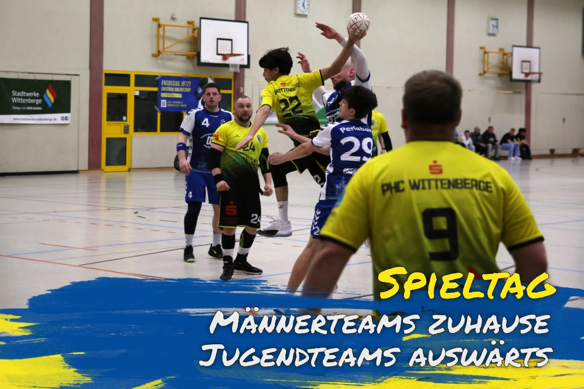 PHC Spieler steigt zentral vorm dem Kreis zum Wurf hoch, Perleberger Spieler versuchen den Wurf zu verhindern - Beitragsbild mit Link zur Spieltagsankündigung für den 25. April 2026