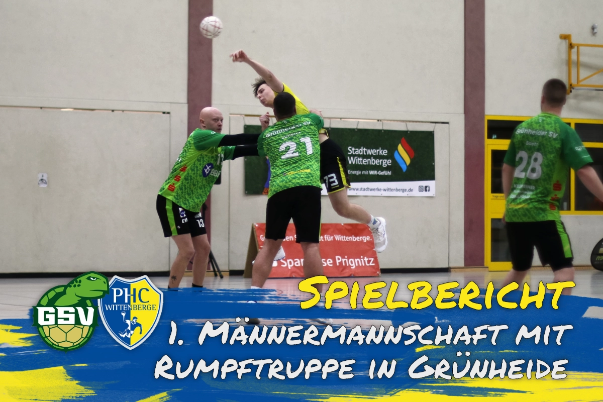 Grünheider Spieler versuchen Wurf aus dem rechten Rückraum aufzuhalten, Foto vom Hinspiel - Beitragsbild mit Link zum Spielbericht der Männer 1 gegen den Grünheider SV II am 02. Mai 2026
